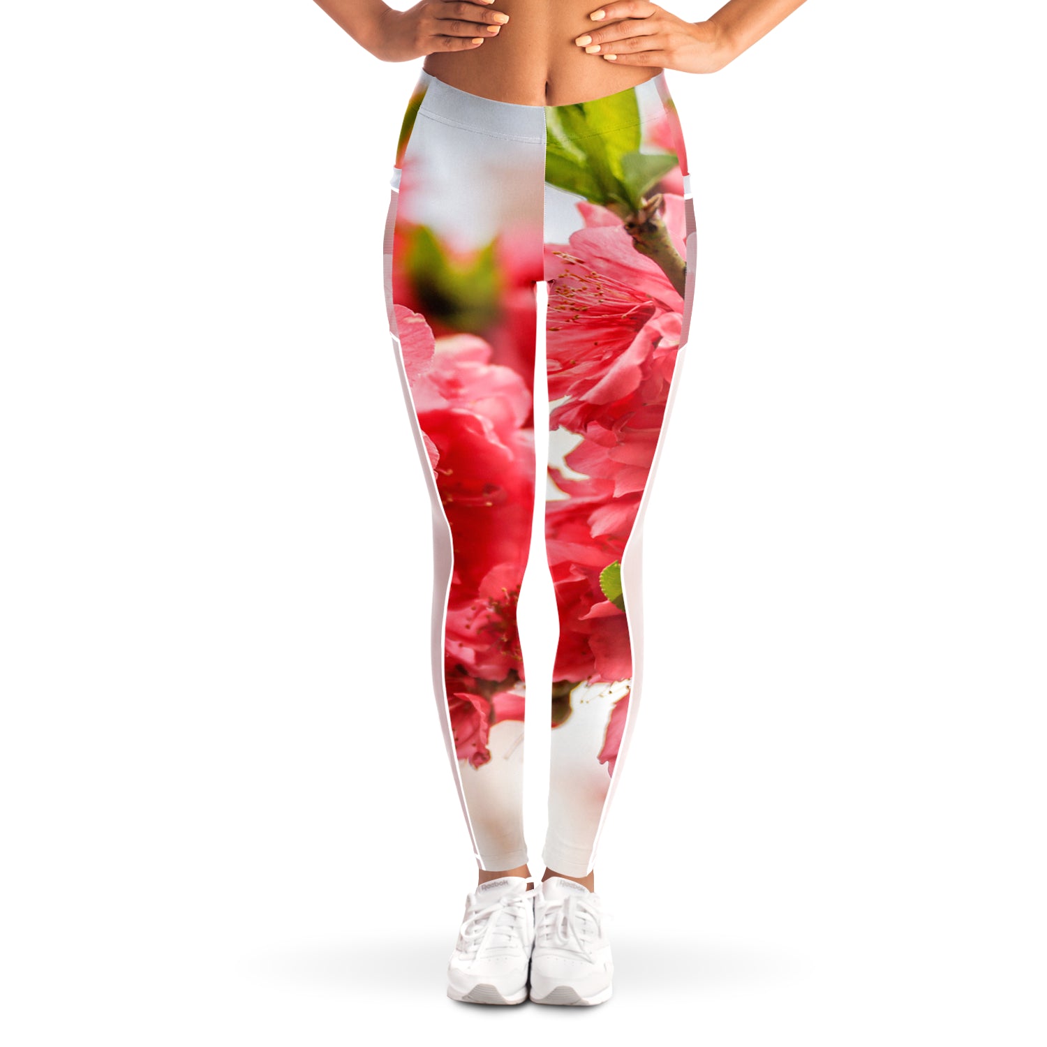 Pink Cherry Blossoms Mesh Panel Side Pockets Leggings (FWS)