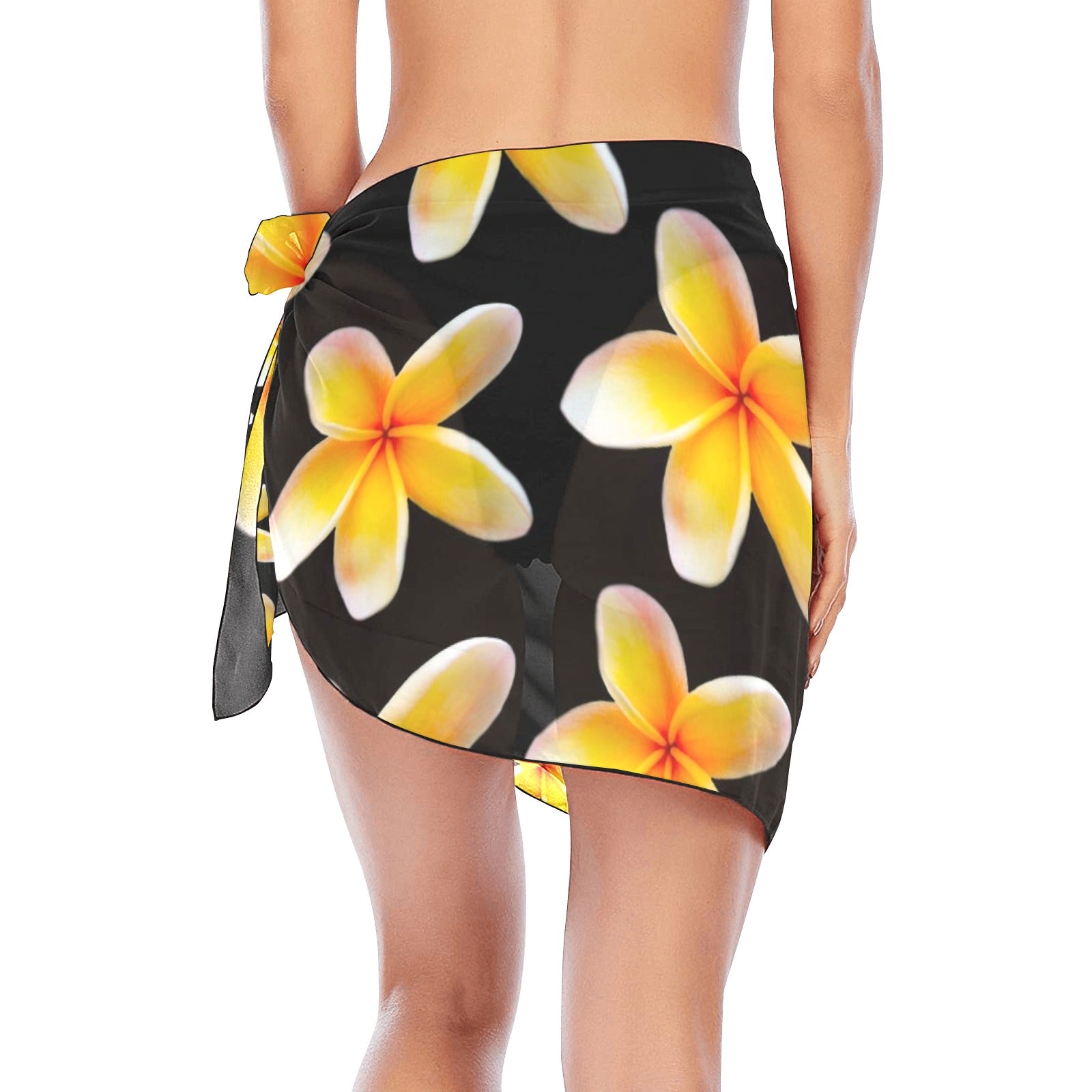 Yellow Frangipanis Black Short Chiffon Sarong Wrap (FWS)