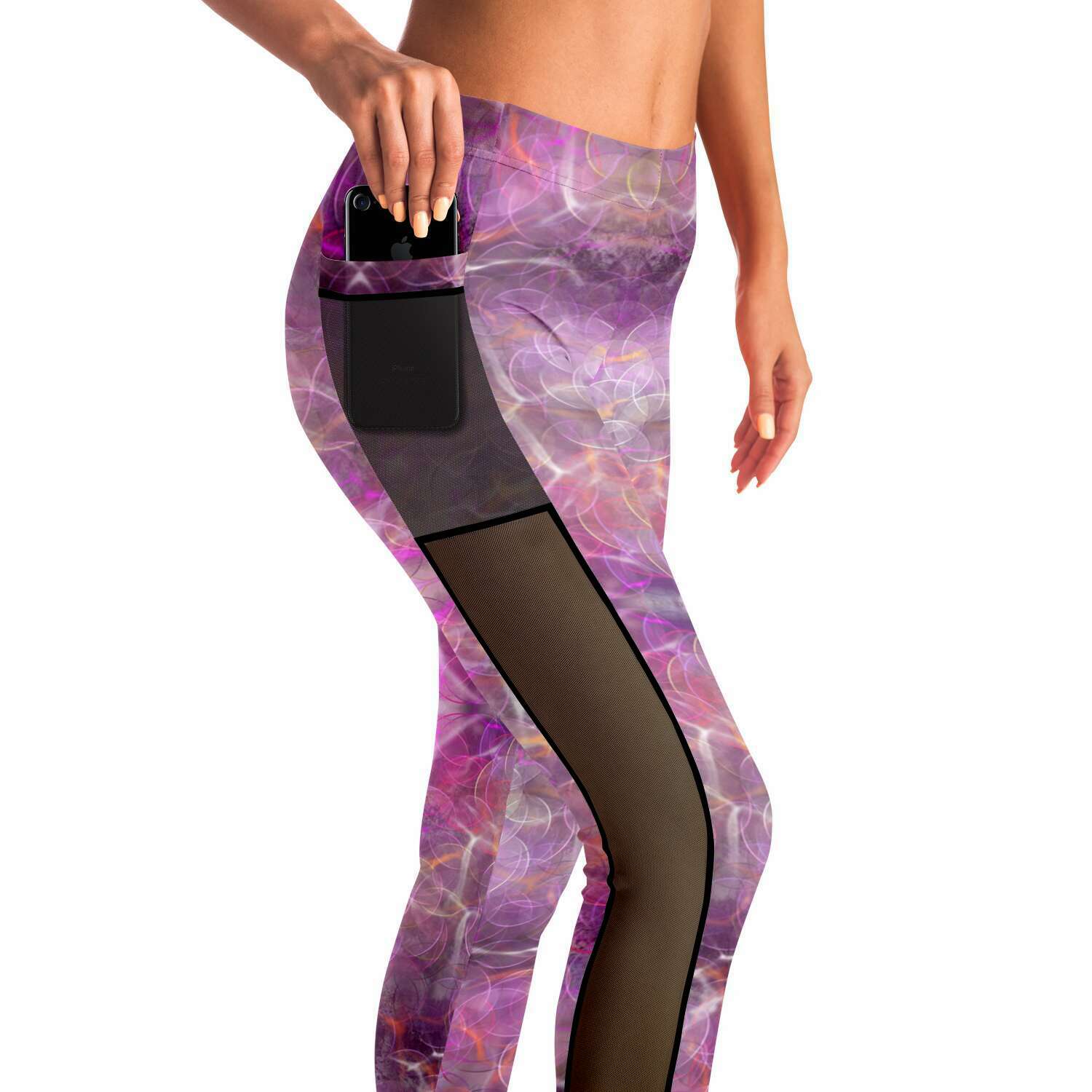 Pink Circles Mesh Panel Side Pockets Leggings (FWS)