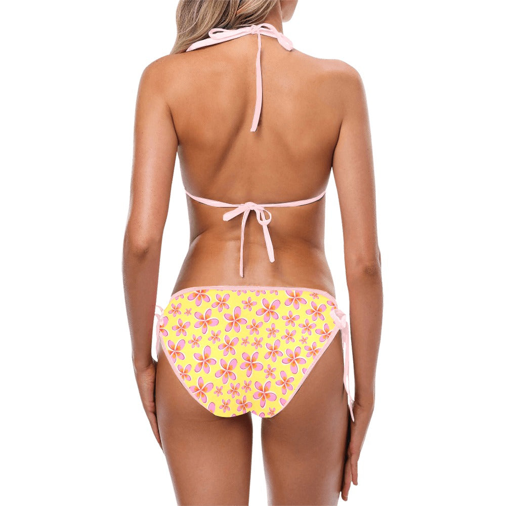 Graphic Pink Frangipanis Yellow String Bikini up to 5 XL (FWS)