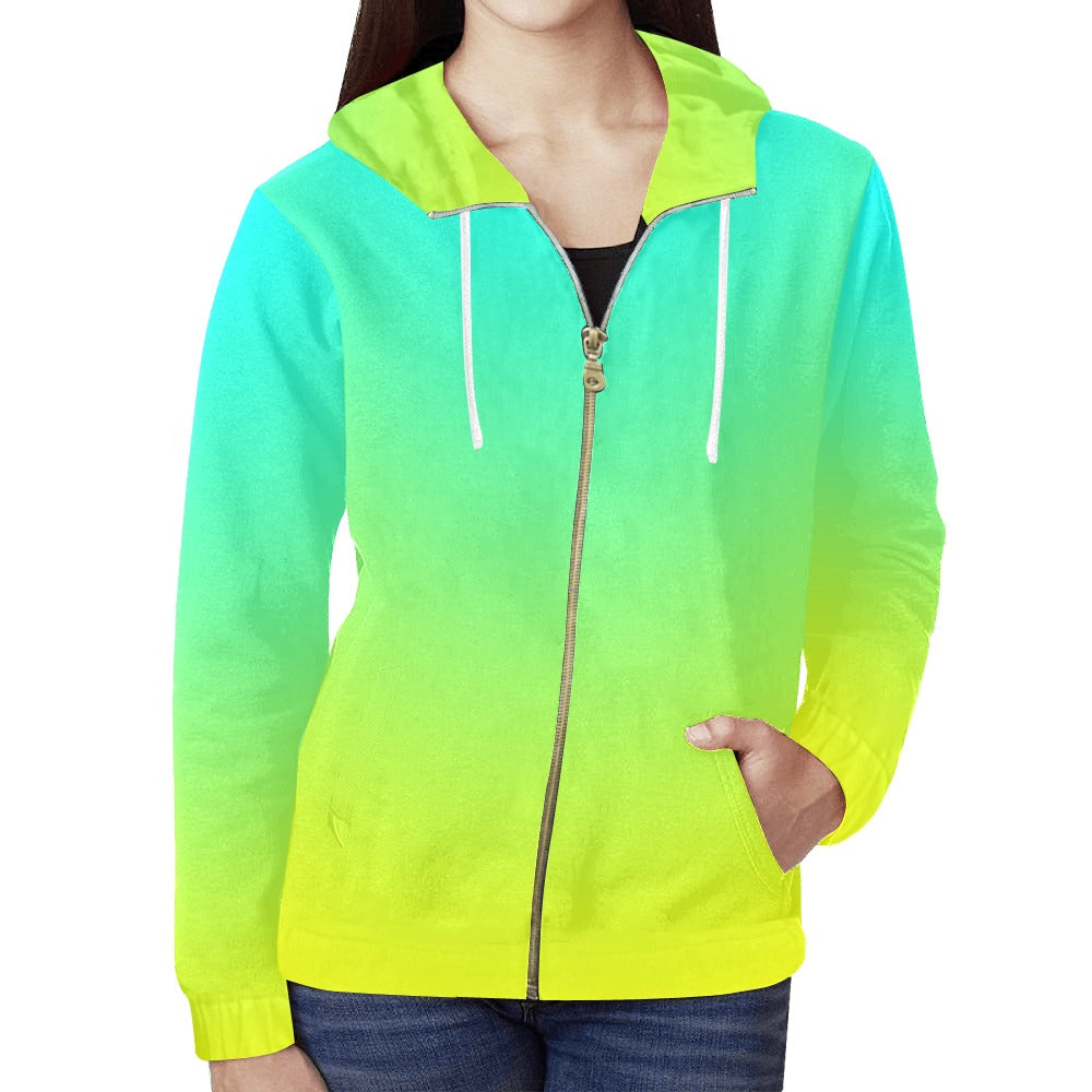 Ombre Aqua Yellow Full Zip Hoodie up to 2 XL