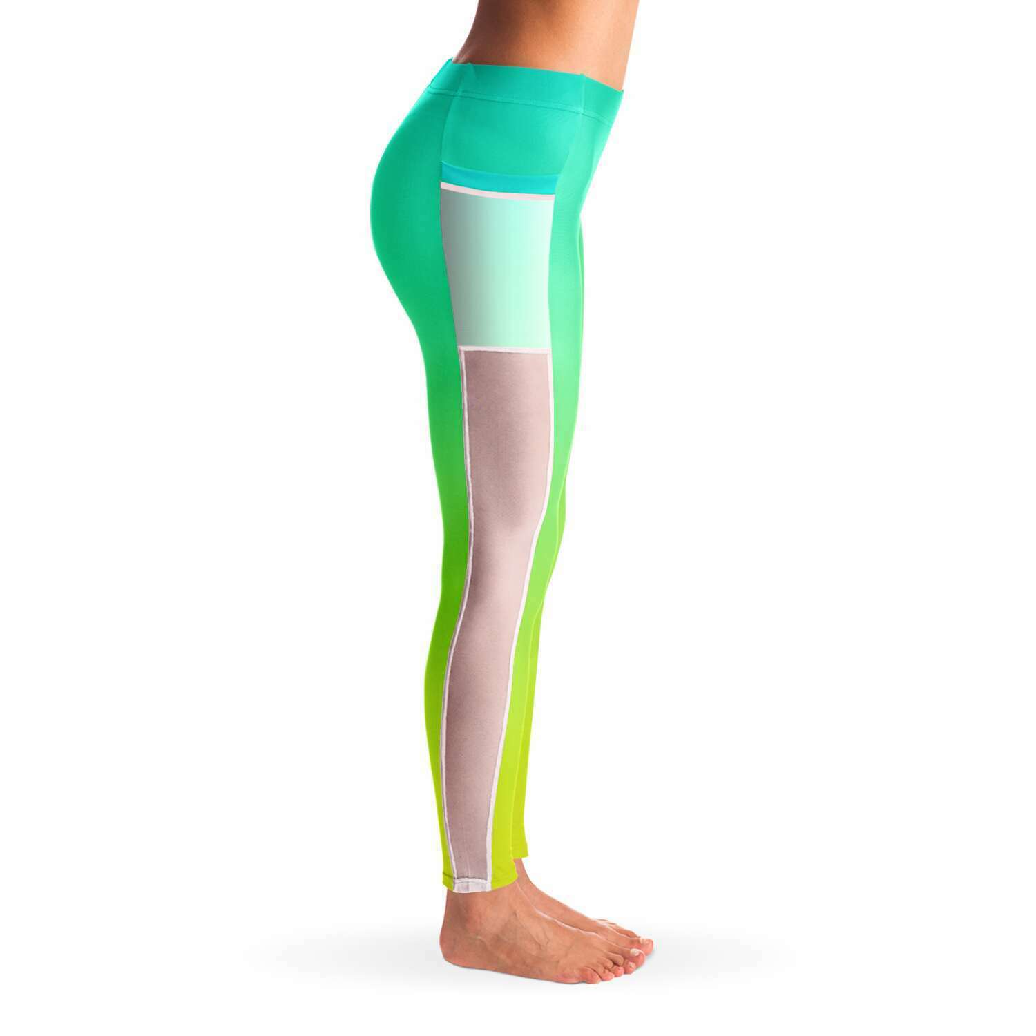 Ombre Aqua Yellow Mesh Panel Side Pockets Leggings (FWS)