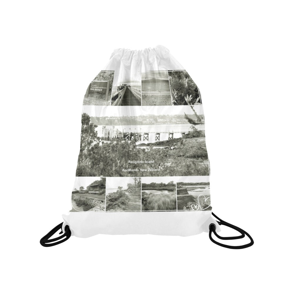 Rangitoto Island Black and White Drawstring Bag