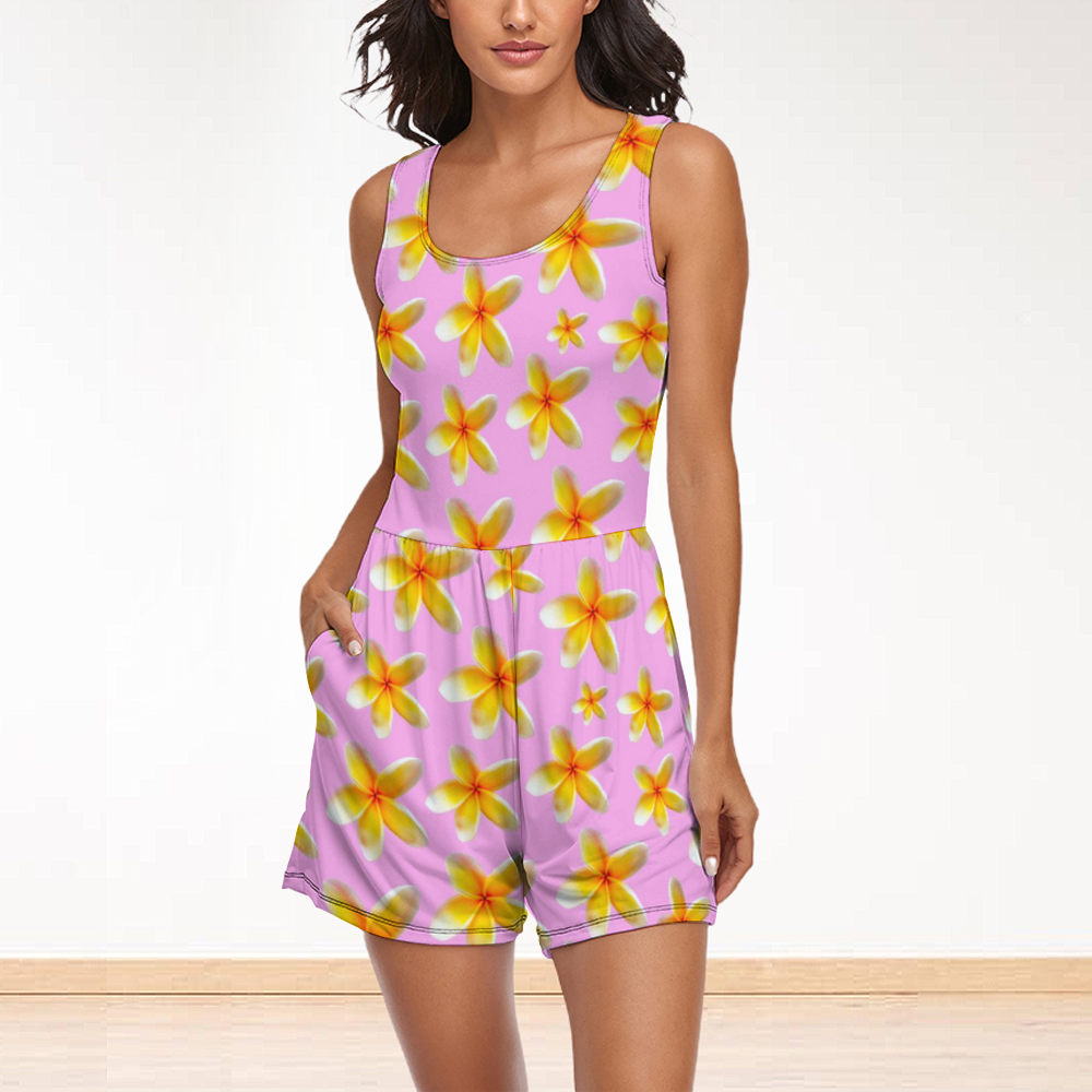 Yellow Frangipanis Pink Sleeveless Short Jumpsuit