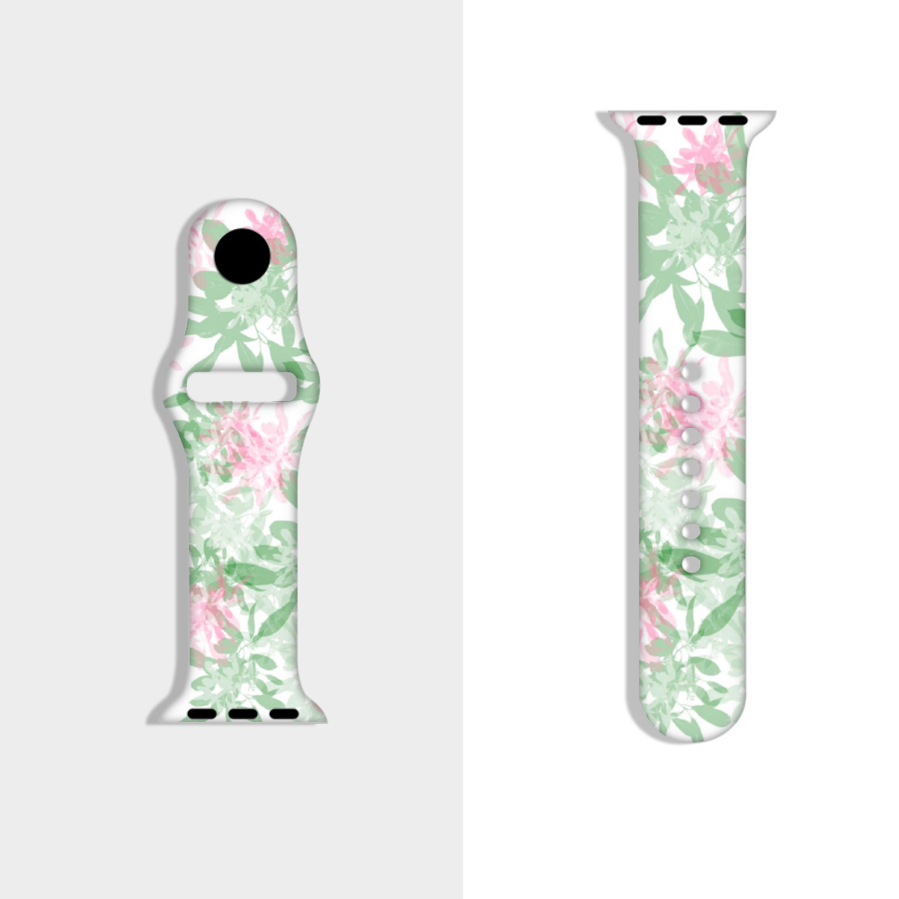 Green & Pink Leaves Apple iWatch Replacement Strap TPU Rubber (FWS)