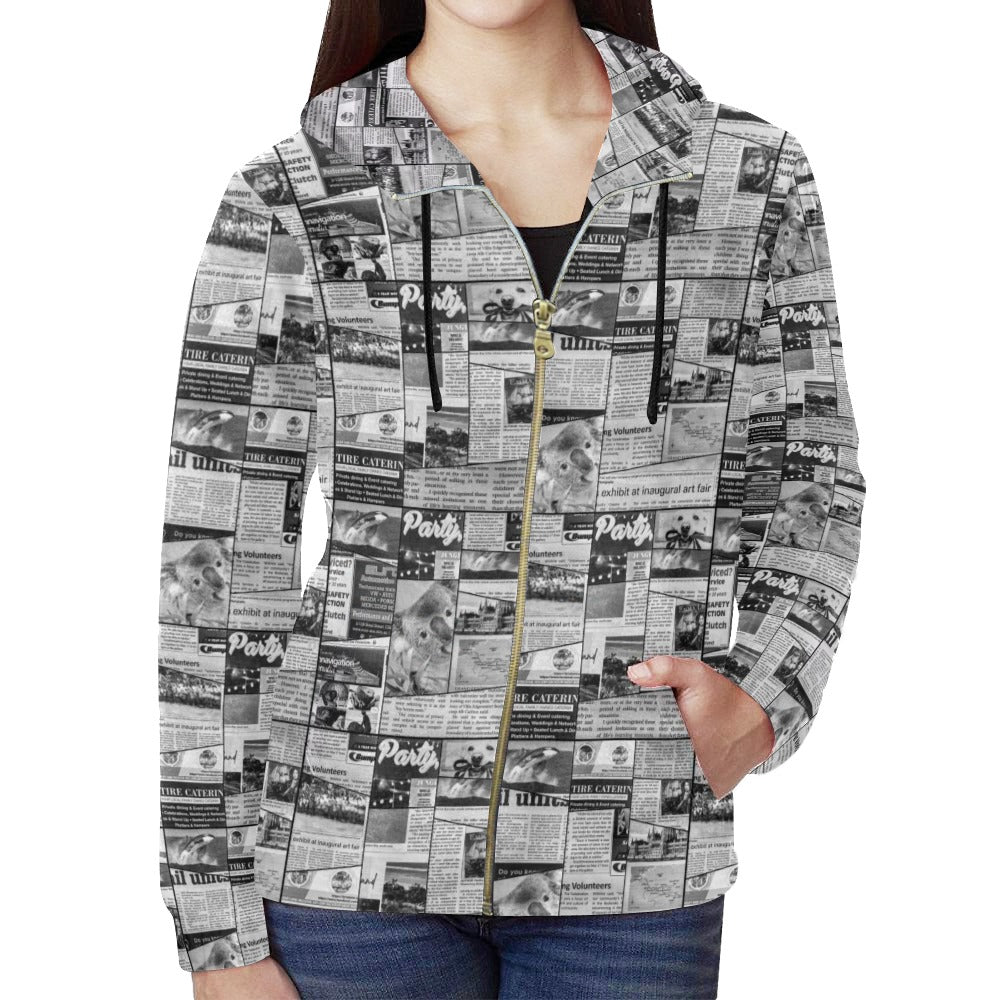Australian Newspaper Black & White Full Zip Hoodie up to 2 XL 1