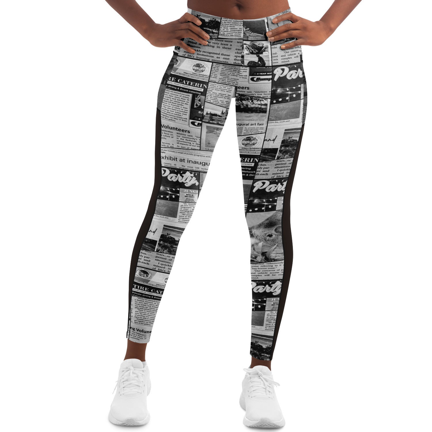 Australian Newspaper Black & White Mesh Panel Side Pockets Leggings (FWS) 1