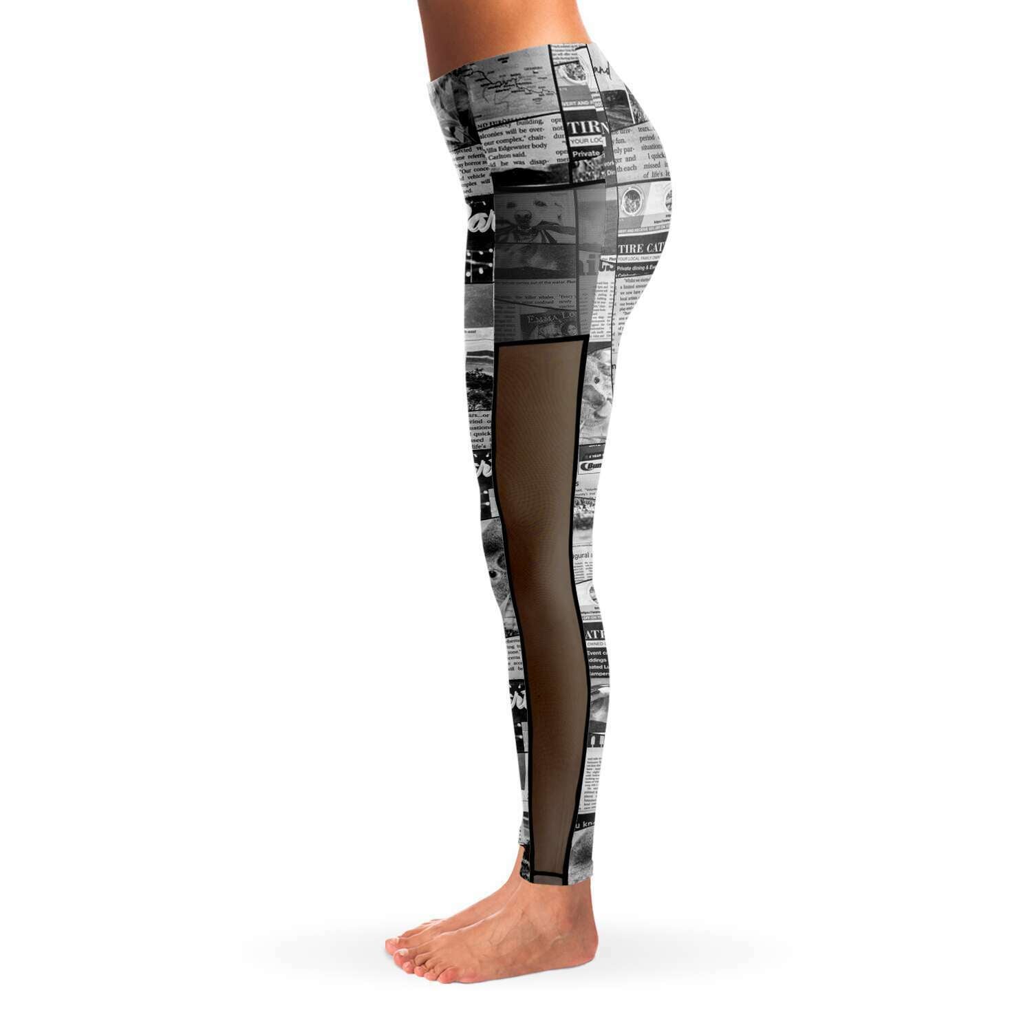 Australian Newspaper Black & White Mesh Panel Side Pockets Leggings (FWS) 4