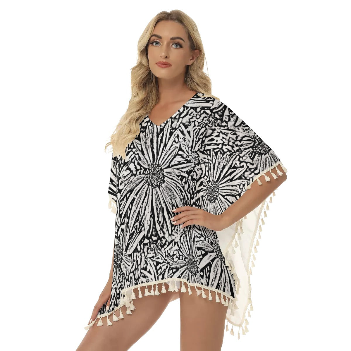 Black & White Daisies Square Fringed Shawl up to 2 XL (FWS) 2
