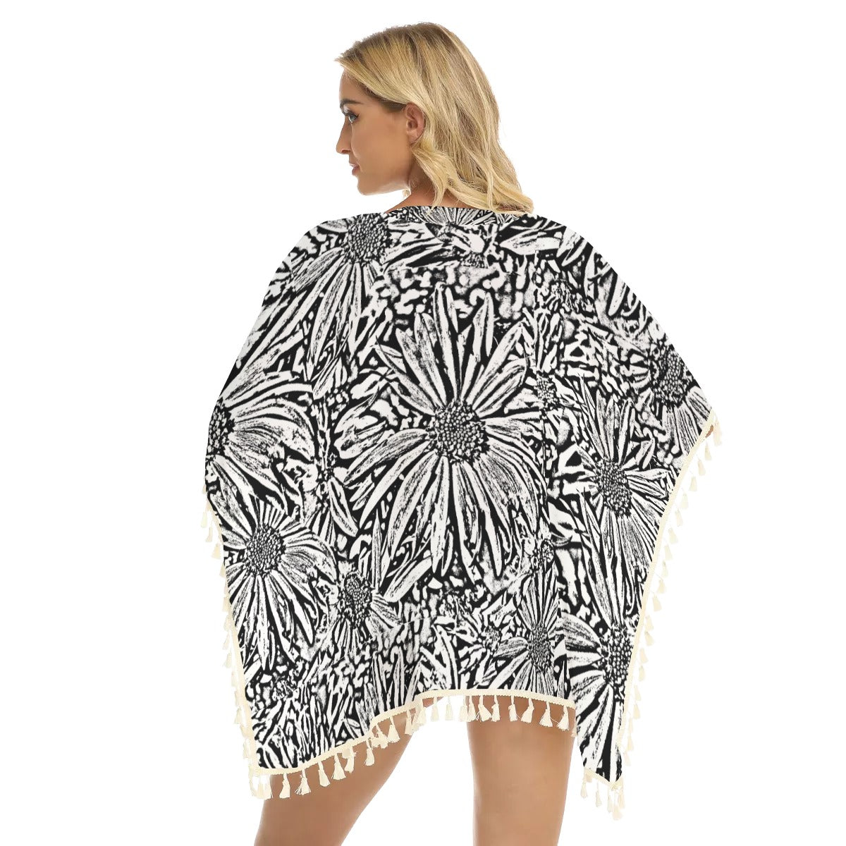 Black & White Daisies Square Fringed Shawl up to 2 XL (FWS) 3