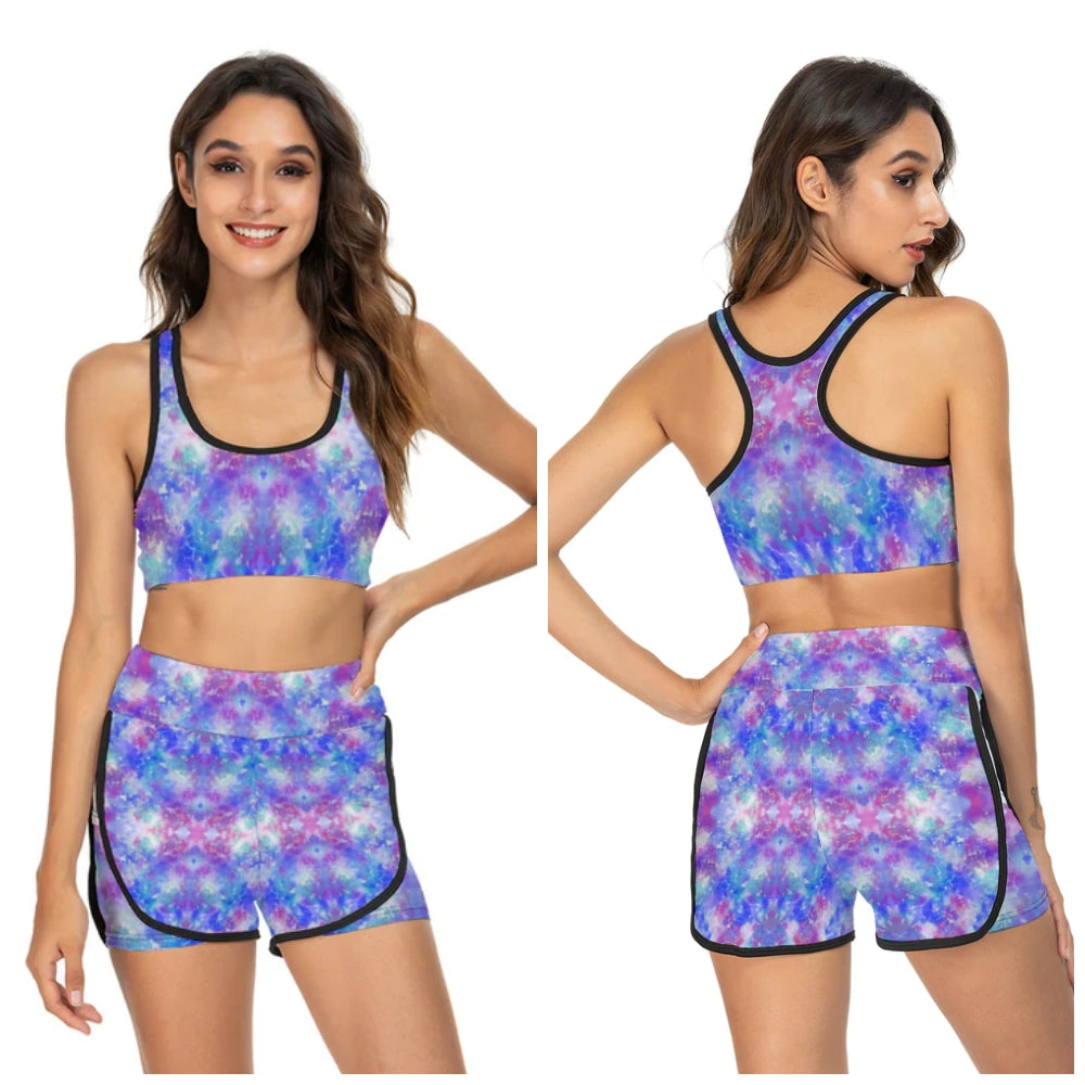 Blue Pink Aqua Racerback Sports Bra & Shorts Set up to 6 XL (FWS)