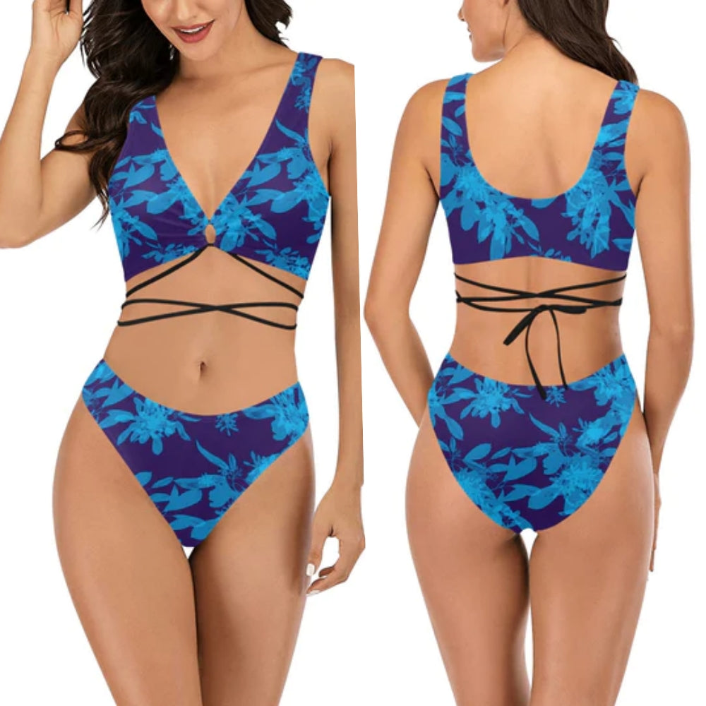 Blue on Blue Leaves Cross String Bikini up to 2 XL (FWS)