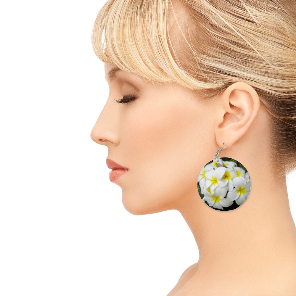 Fresh White Frangipanis Round Wooden Earrings (FWS) 2