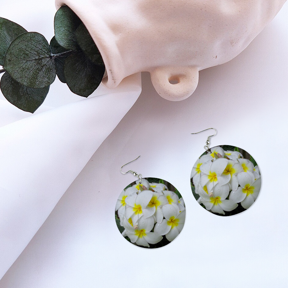 Fresh White Frangipanis Round Wooden Earrings (FWS) 5
