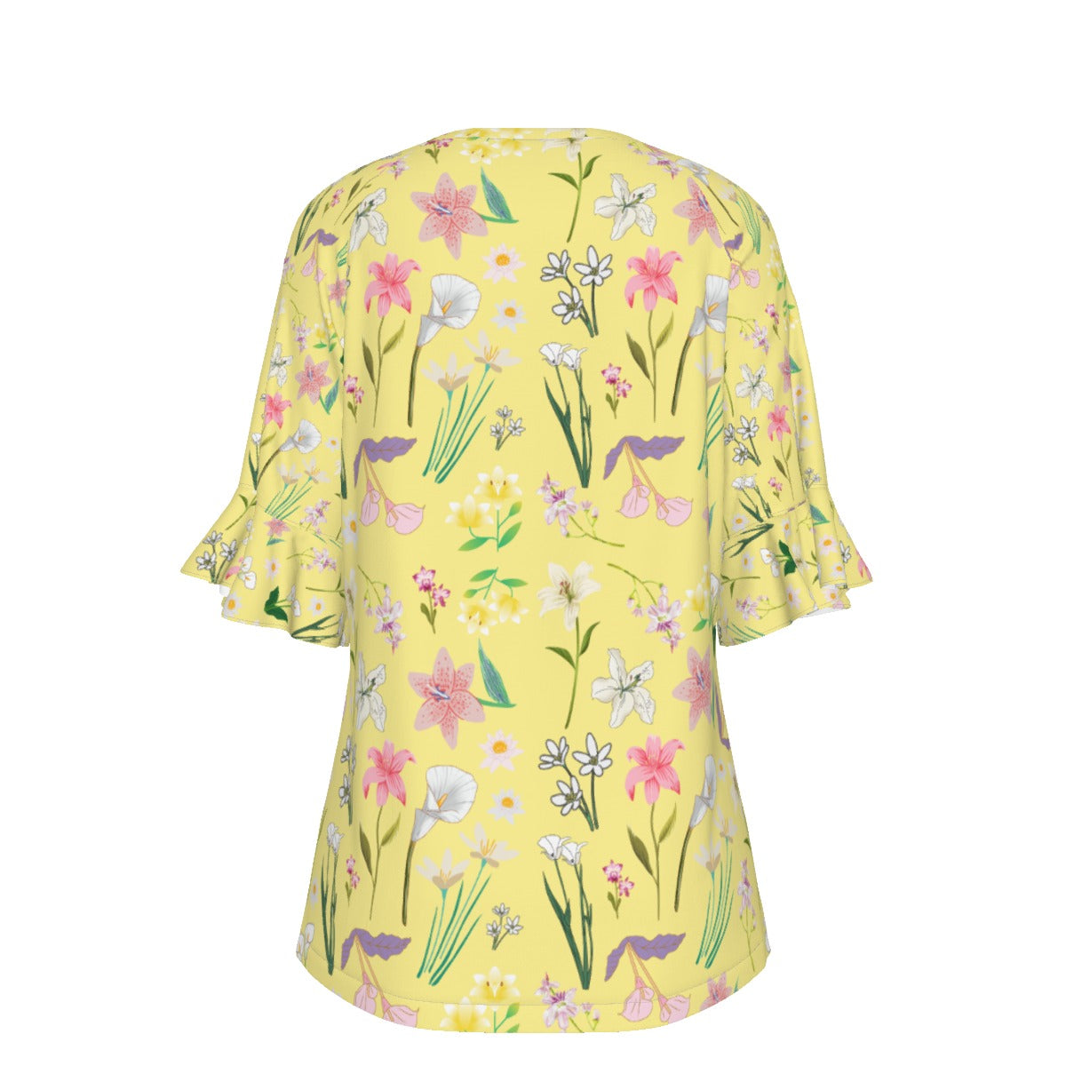 Graphic Lillies Yellow V Neck Top with Bell Sleeves up to 3 XL (FWS) 2