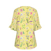 Graphic Lillies Yellow V Neck Top with Bell Sleeves up to 3 XL (FWS) 2