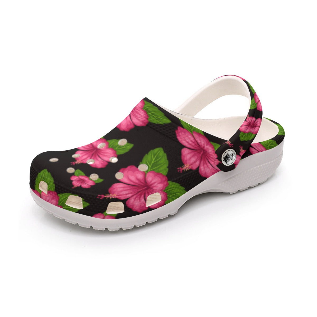 Graphic Pink Hibiscus Black Women's Rubber Clogs up to size 12 1