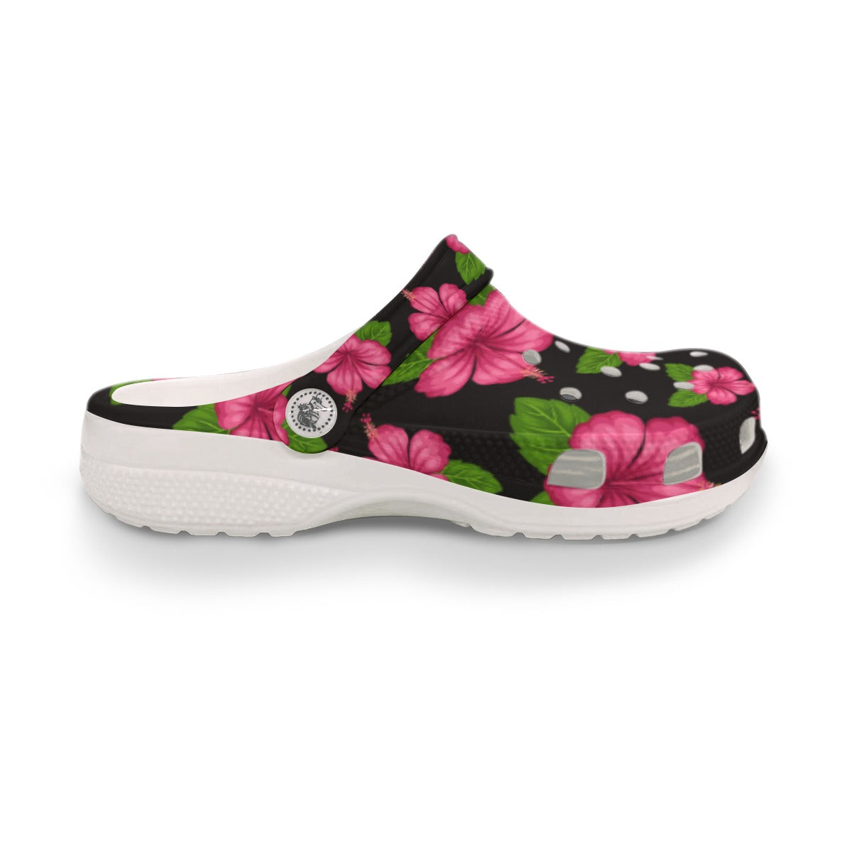 Graphic Pink Hibiscus Black Women's Rubber Clogs up to size 12 2