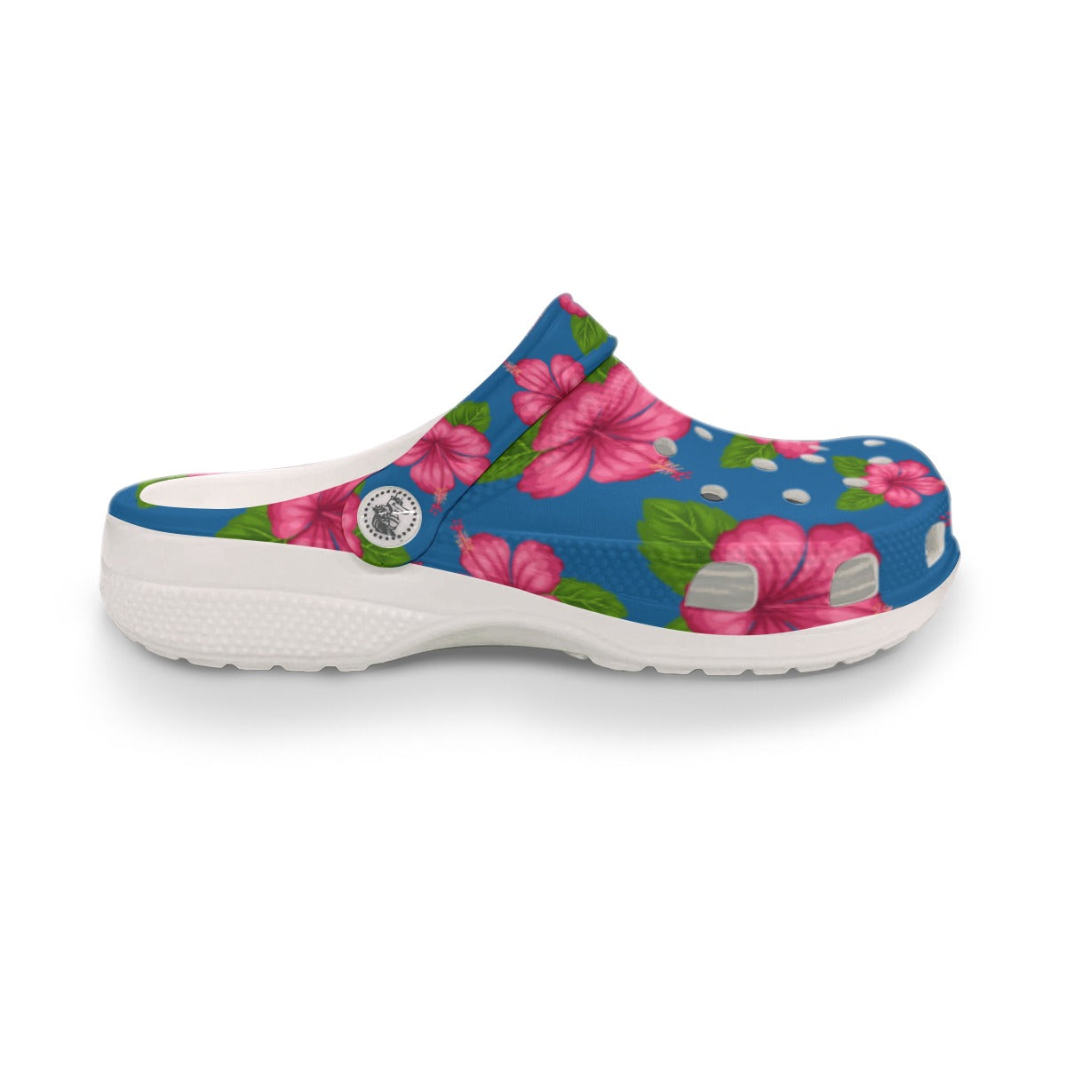Graphic Pink Hibiscus Blue Women's Rubber Clogs up to size 12 2