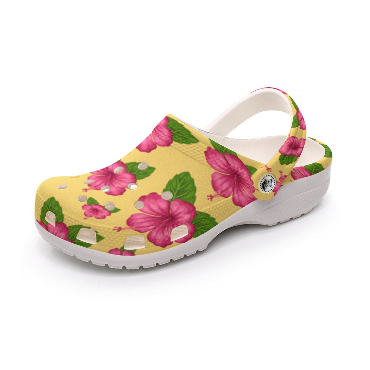 Graphic Pink Hibiscus Yellow Women's Rubber Clogs up to size 12 1
