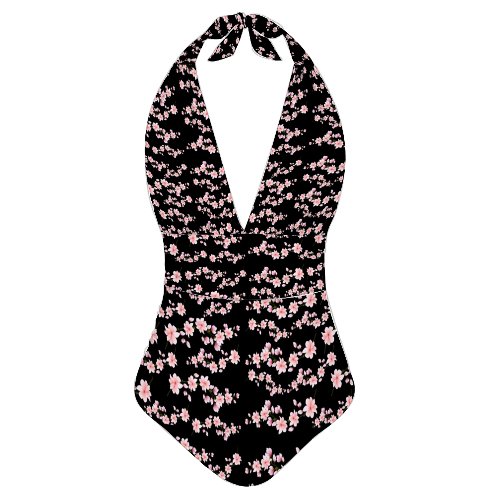 Japanese Pink Flowers Dark Halter Neck Bathing Suit up to 3 XL (FWS) 2