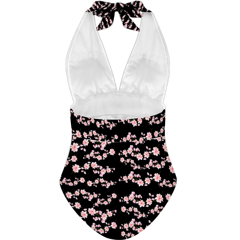 Japanese Pink Flowers Dark Halter Neck Bathing Suit up to 3 XL (FWS) 3