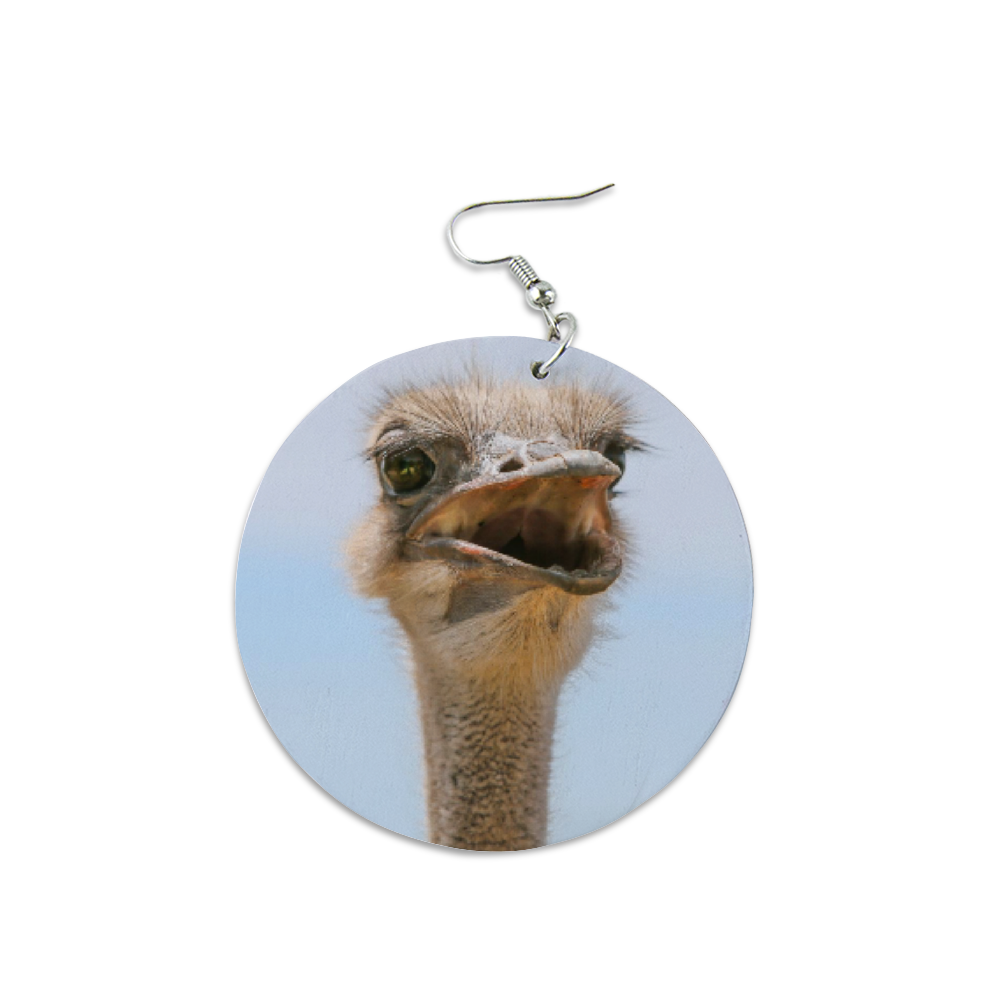Ostrich Round Wooden Earrings (FWS) 1