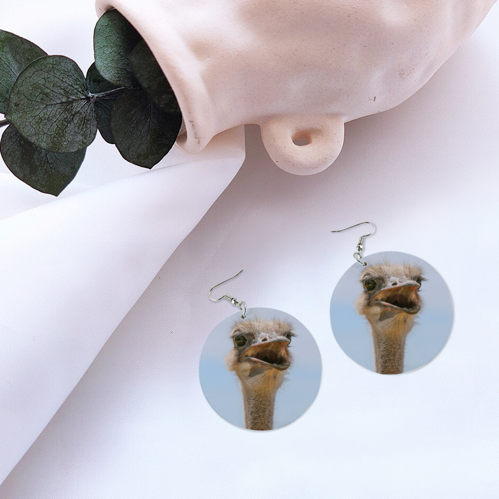 Ostrich Round Wooden Earrings (FWS) 5
