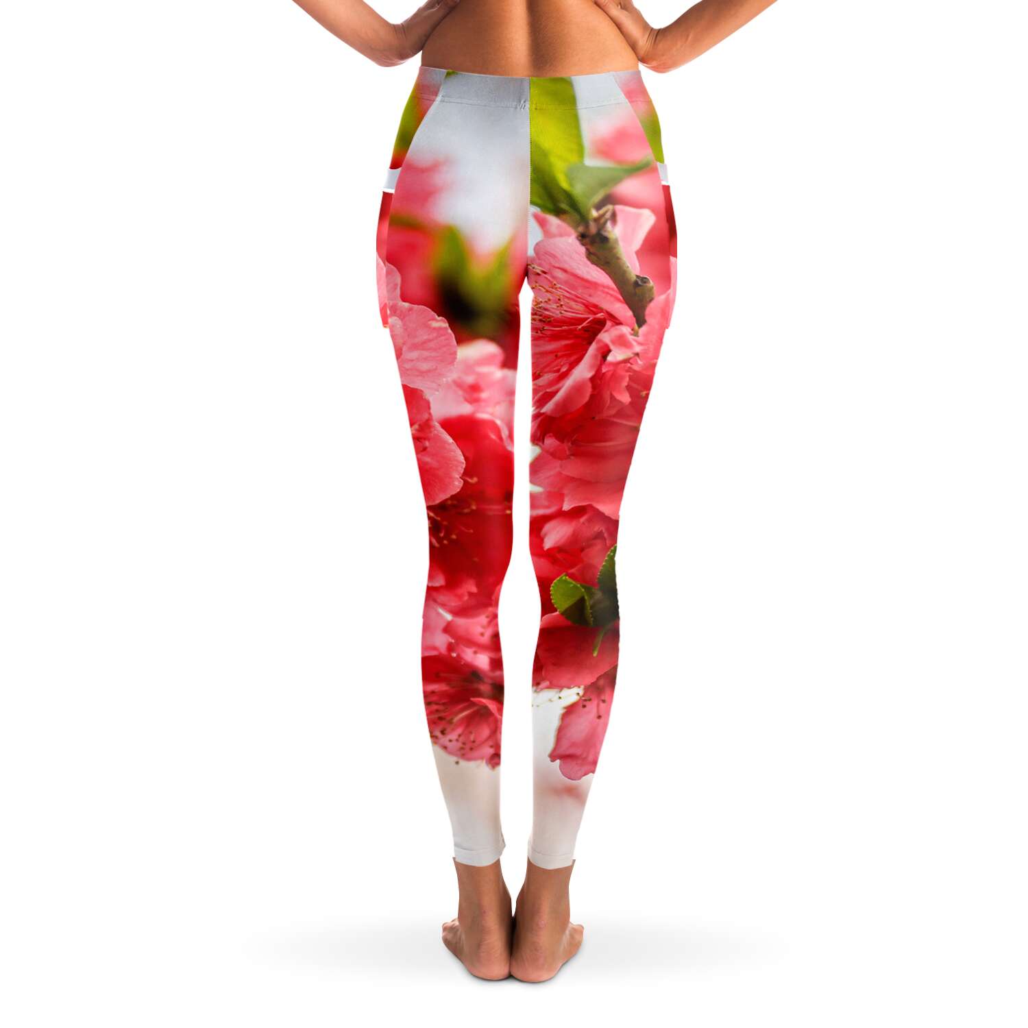 Pink Cherry Blossoms Mesh Panel Side Pockets Leggings (FWS) 3