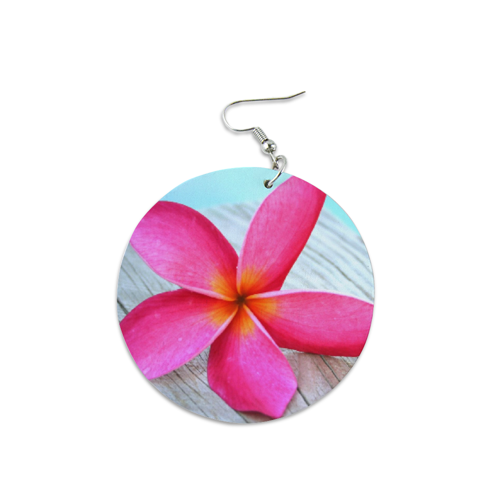 Pink Frangipani Round Wooden Earrings (FWS) 2