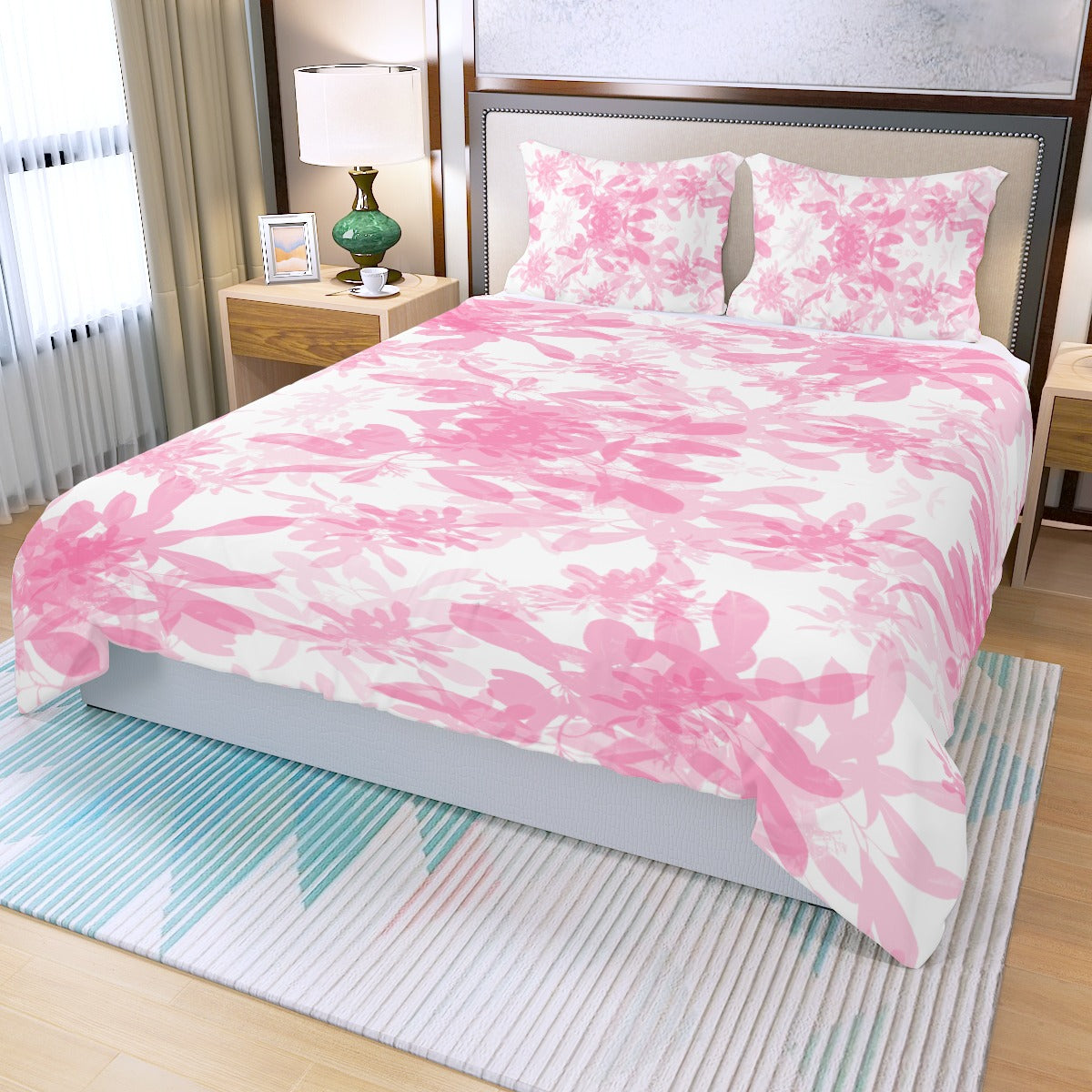 Pink Leaves Three Piece Bed Cover Set 1