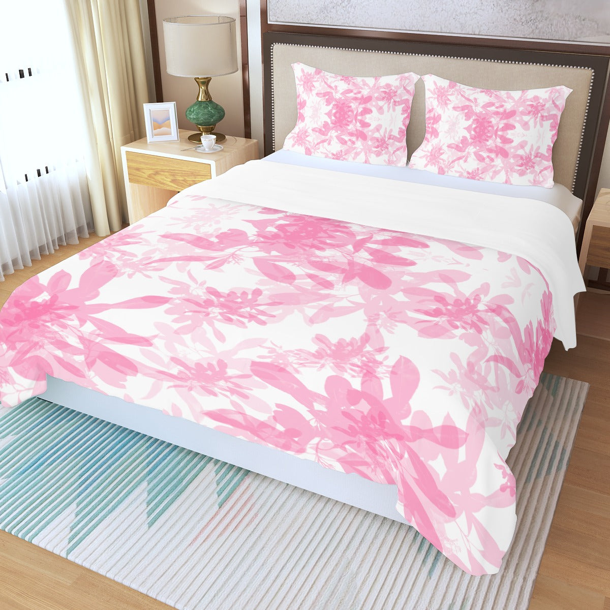 Pink Leaves Three Piece Bed Cover Set 3