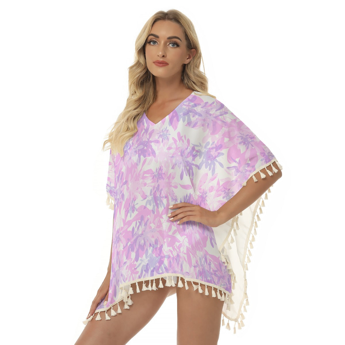 Pink & Purple Leaves Square Fringed Shawl up to 2 XL (FWS) 2