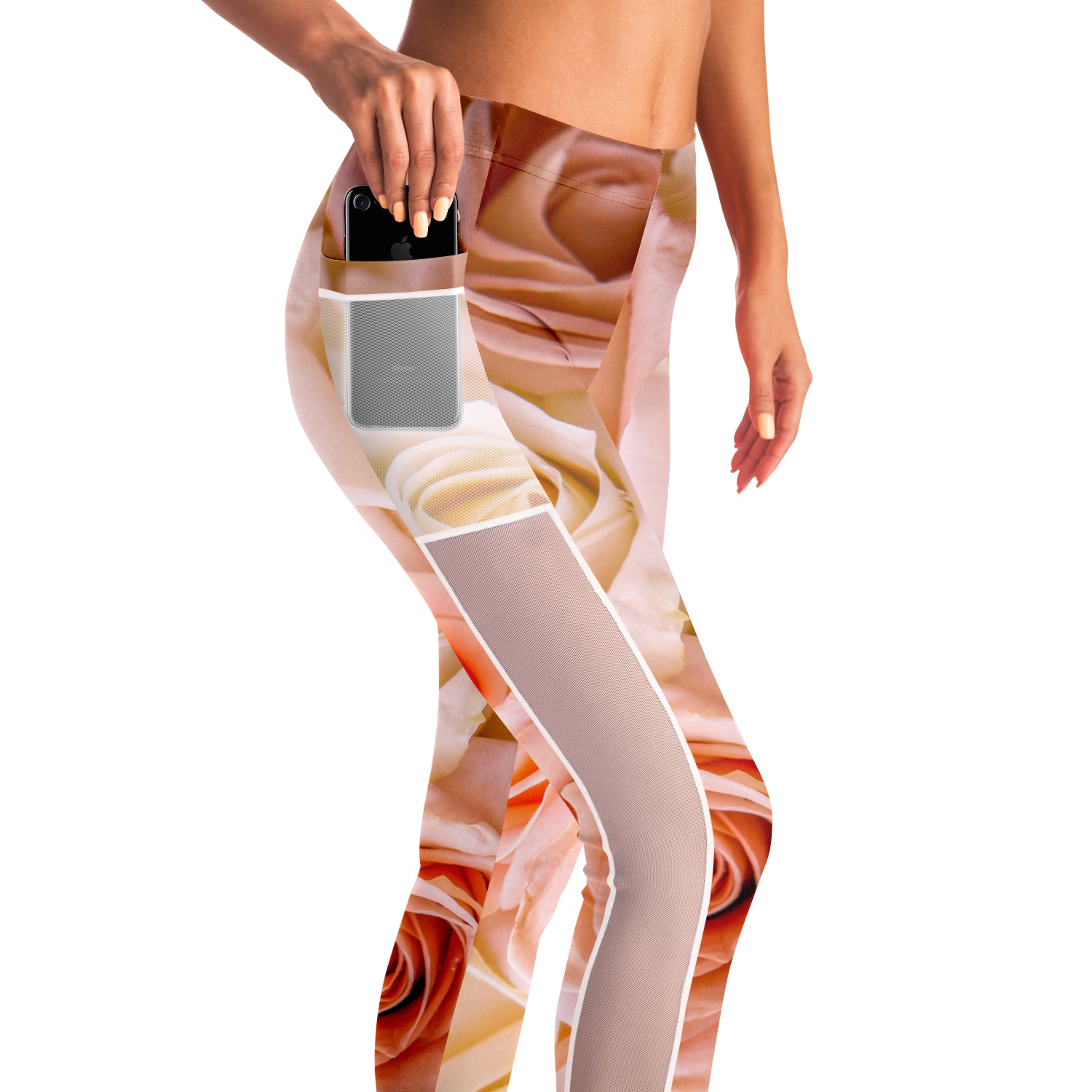 Pinky Roses Mesh Panel Side Pockets Leggings (FWS) 1