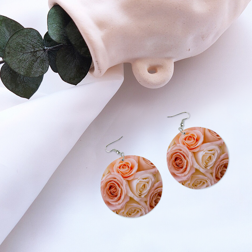 Pinky Roses Round Wooden Earrings (FWS) 5