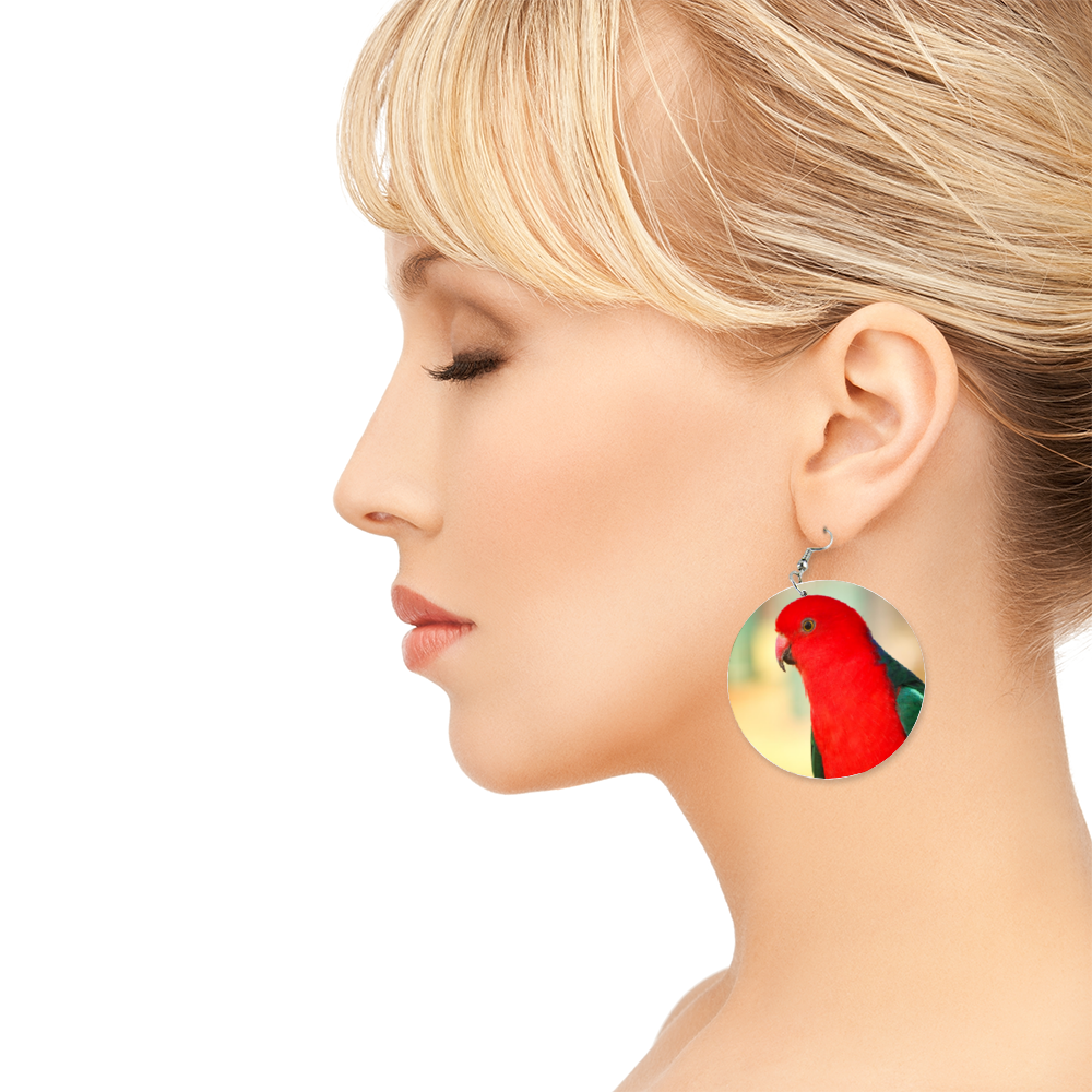Red King Parrot Round Wooden Earrings (FWS) 4