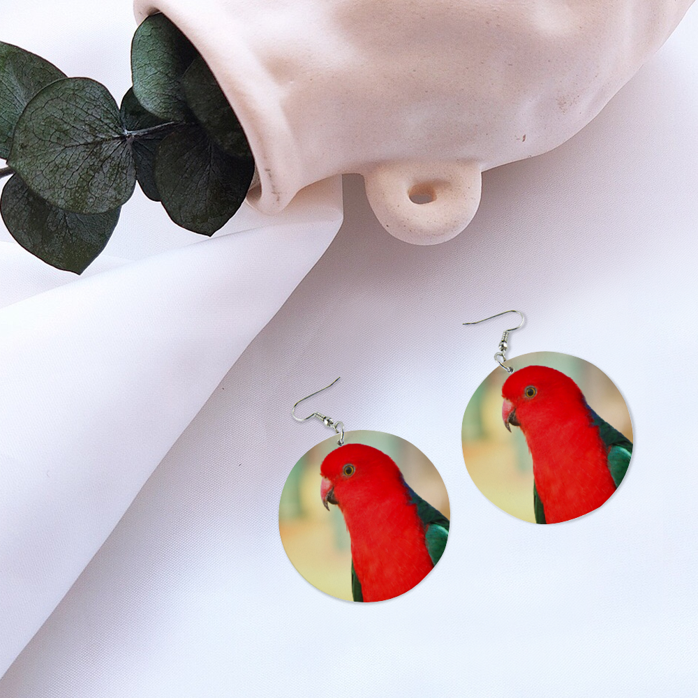 Red King Parrot Round Wooden Earrings (FWS) 5