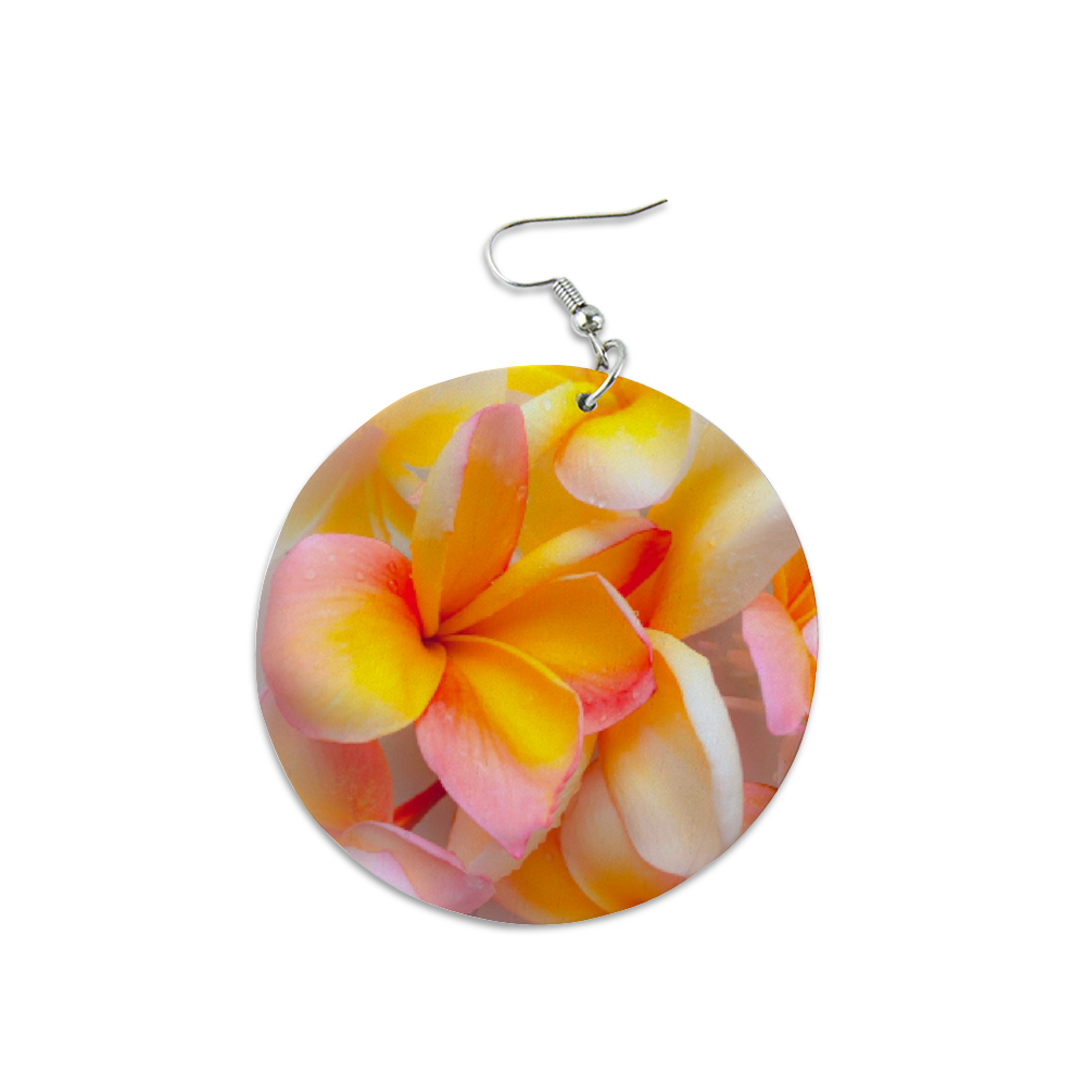 Soft Tri Colour Frangipani Round Wooden Earrings (FWS) 2