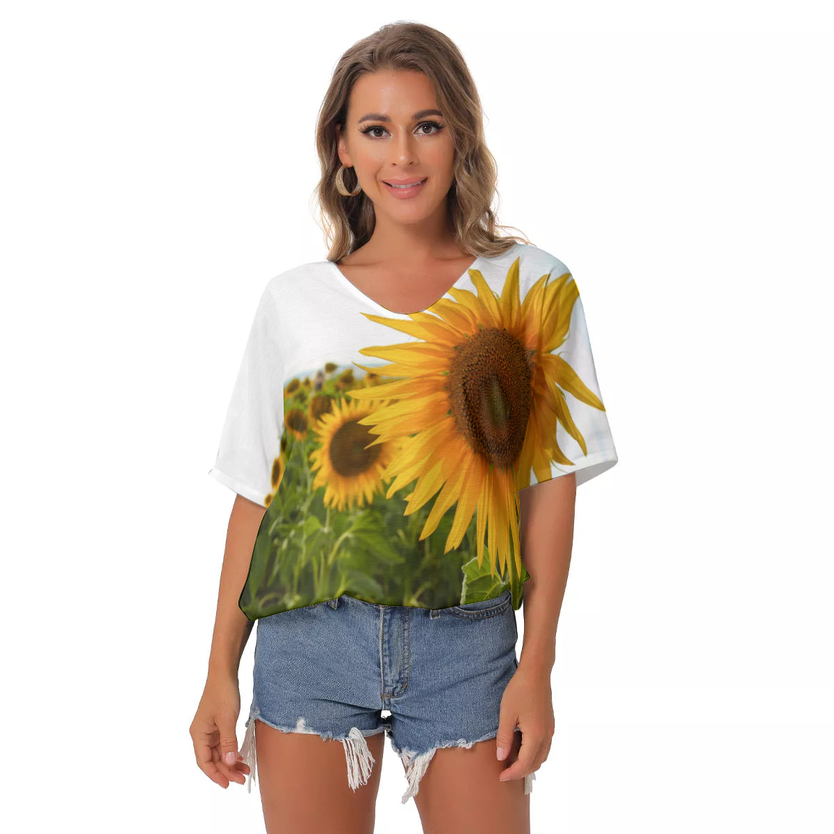 Sunflowers Bat Sleeves V-Neck Top up to 2 XL (FWS) 1