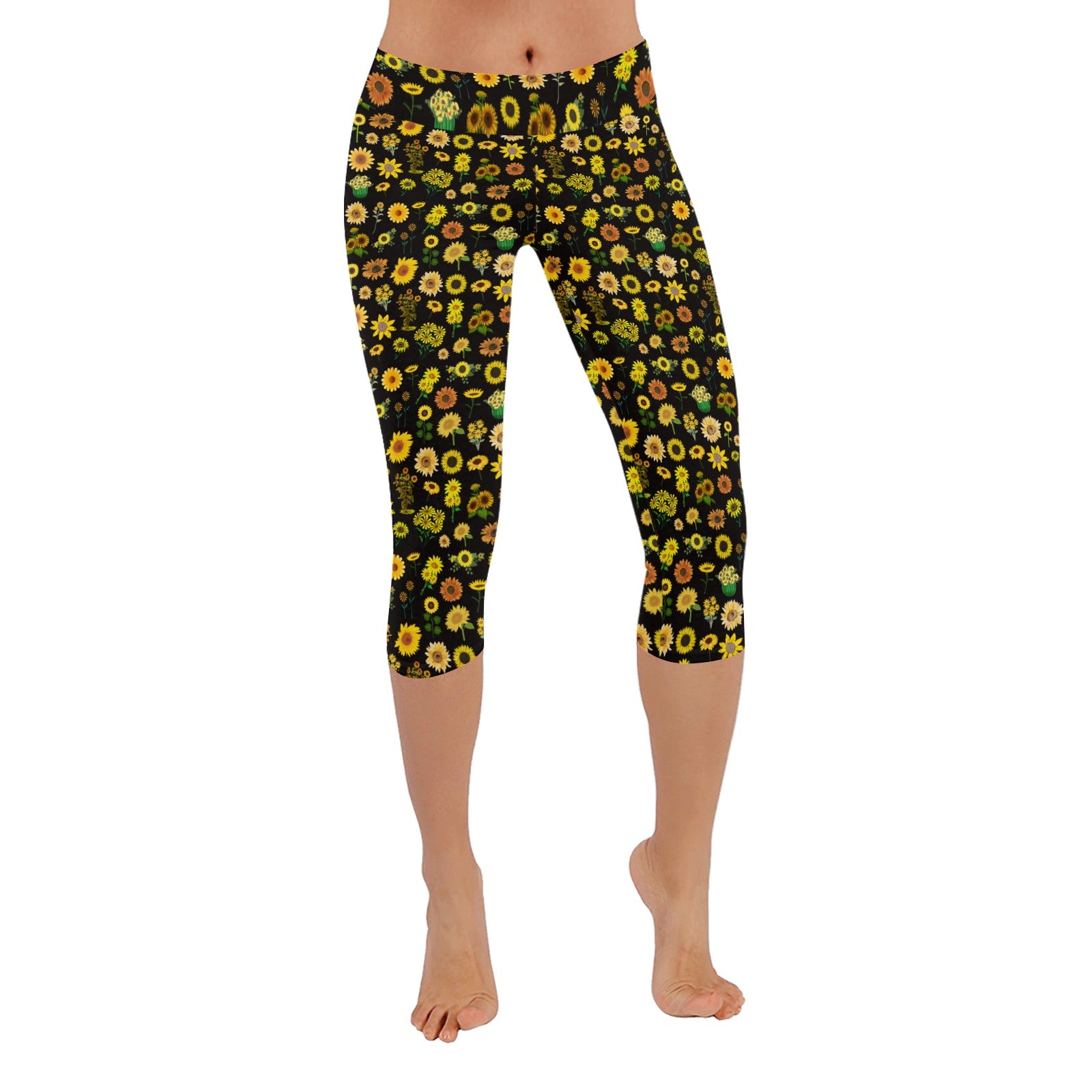 Sunflowers Graphic Black Capri Leggings up to 5 XL 2