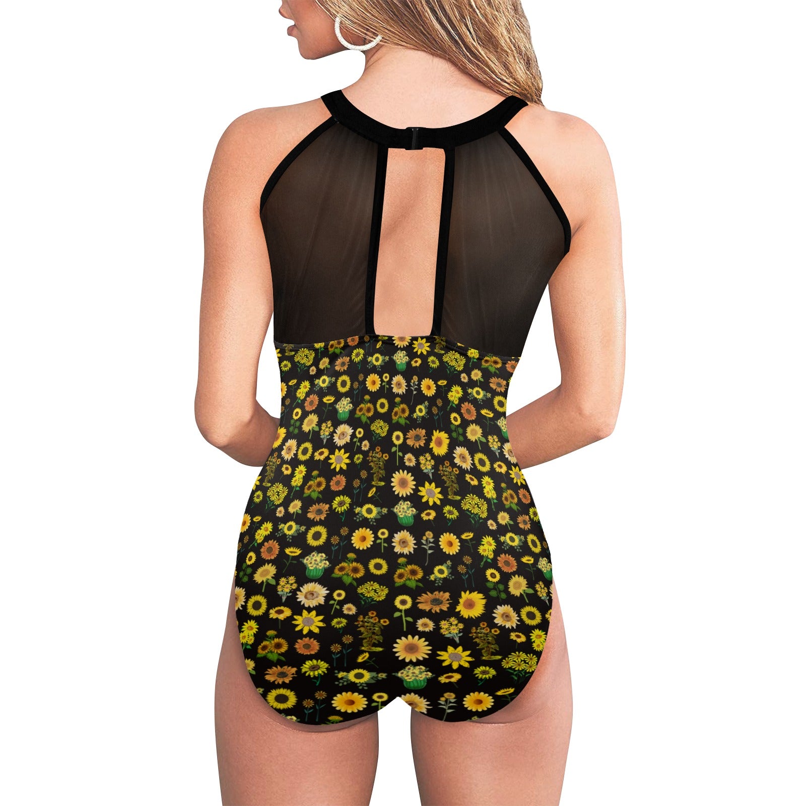 Sunflowers Graphic Black Plunge Bathing Suit (FWS) 3