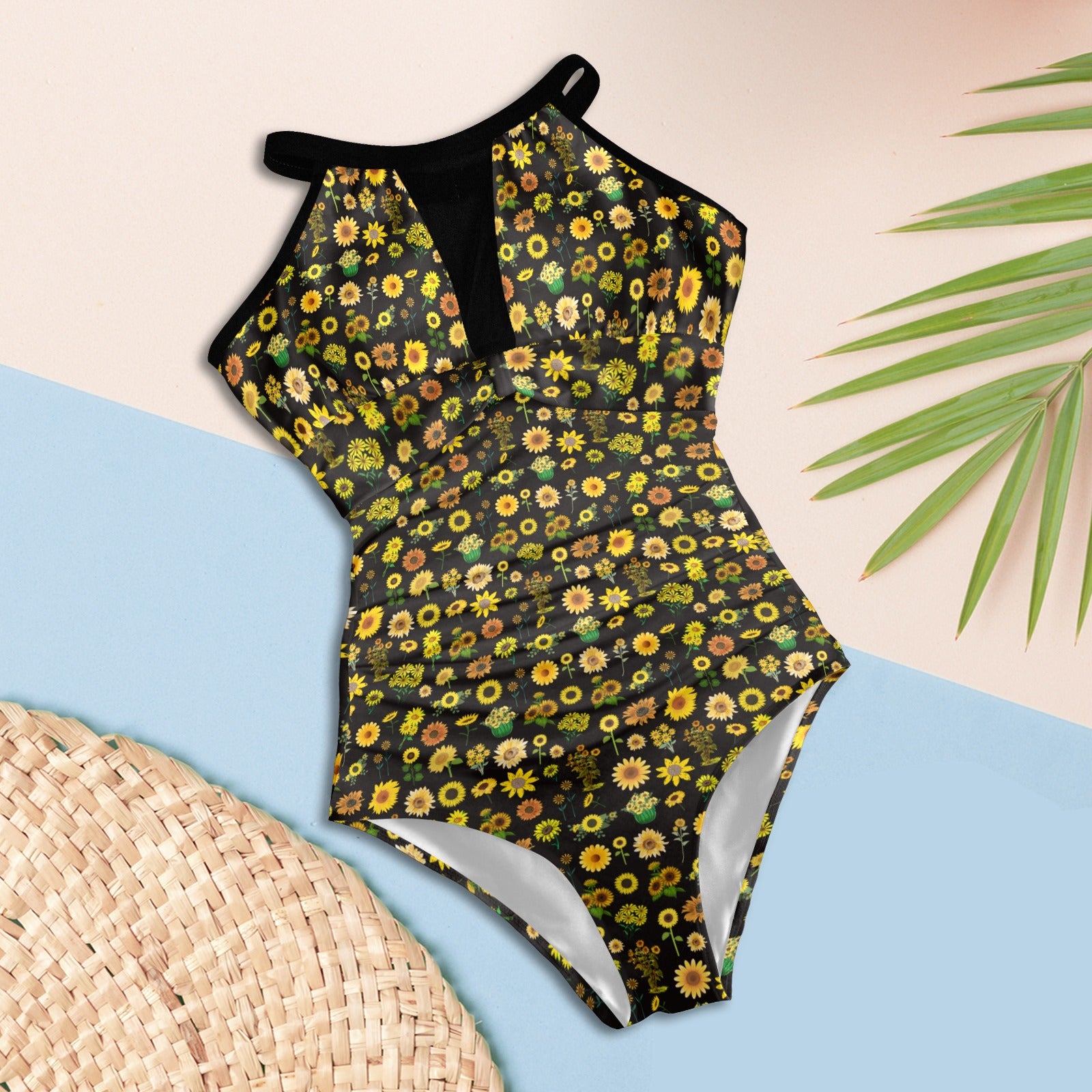 Sunflowers Graphic Black Plunge Bathing Suit (FWS) 4