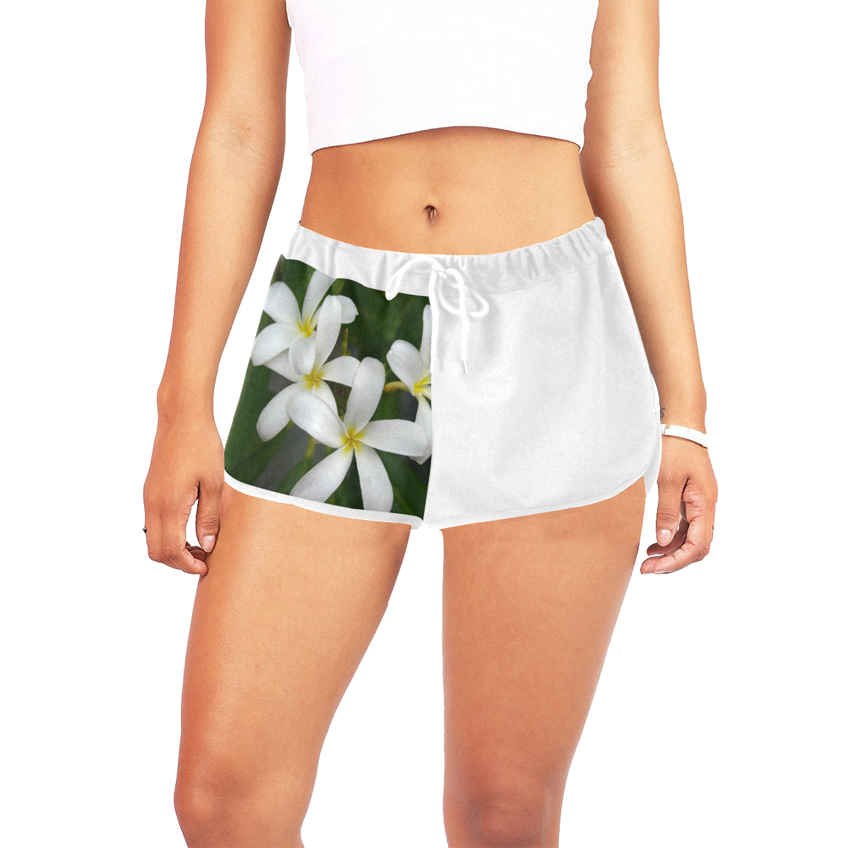 White Frangipanis Drawstring Shorts up to 2 XL 1