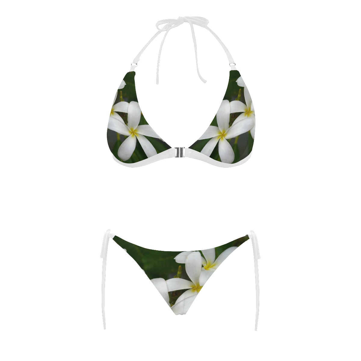 White Frangipanis Halter Neck Bikini with Front Buckle up to 5 XL (FWS) 5