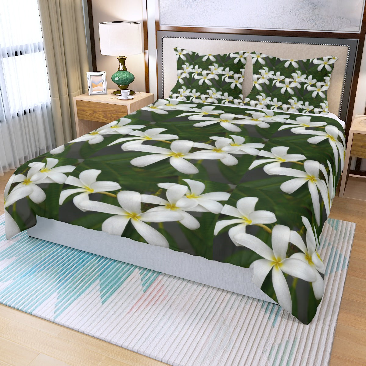 White Frangipanis Three Piece Bed Cover Set 4