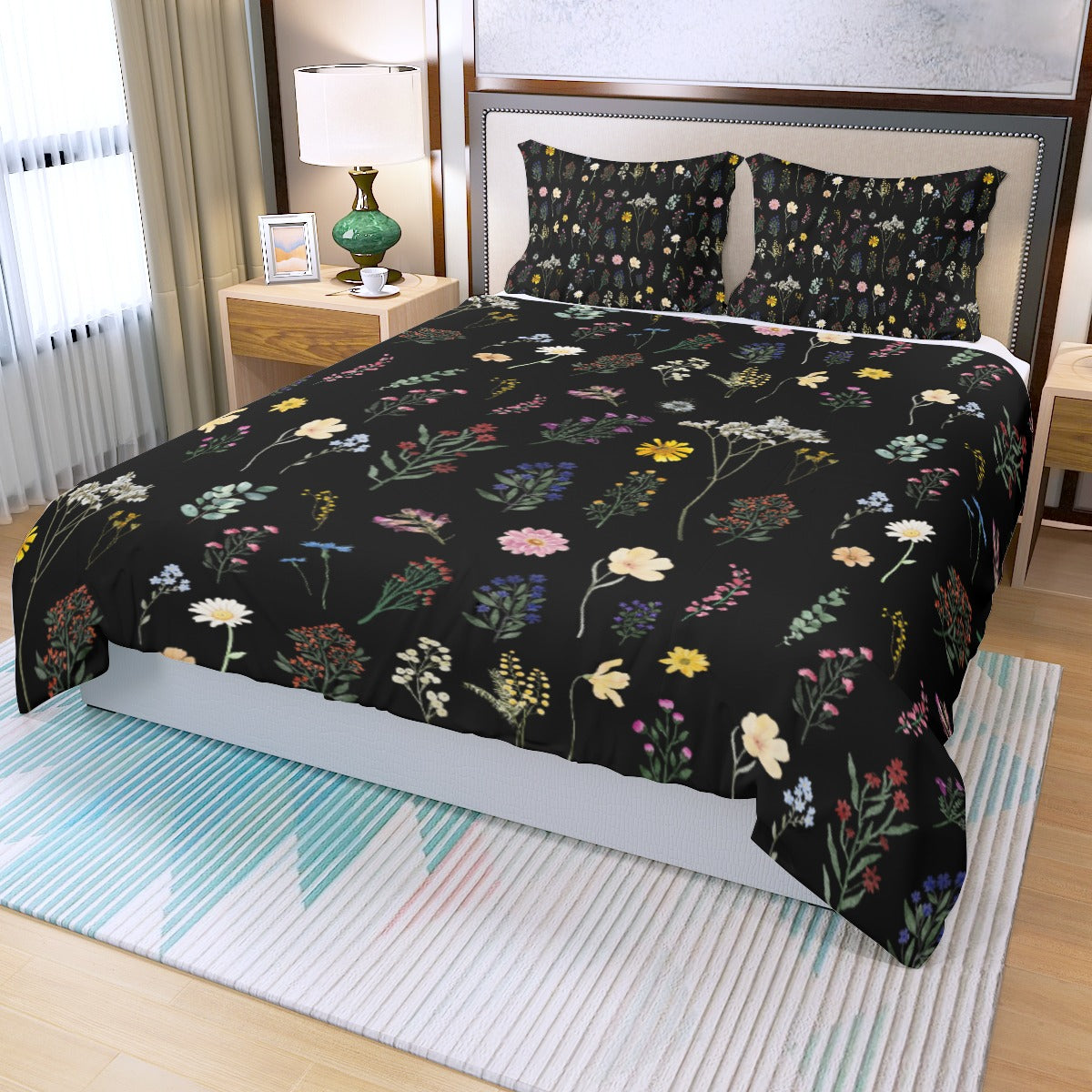 Wildflowers Black Three Piece Bed Cover Set 1