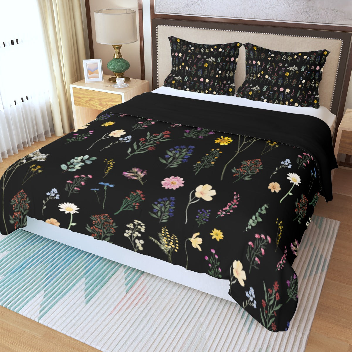 Wildflowers Black Three Piece Bed Cover Set 3