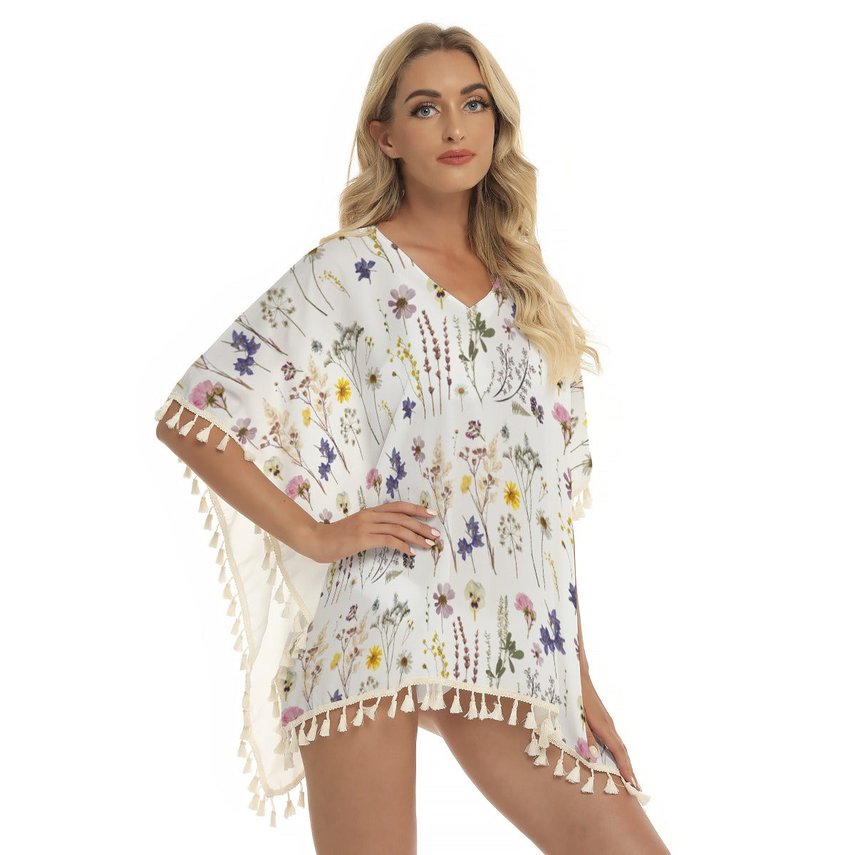 Wildflowers White Square Fringed Shawl up to 2 XL (FWS) 1