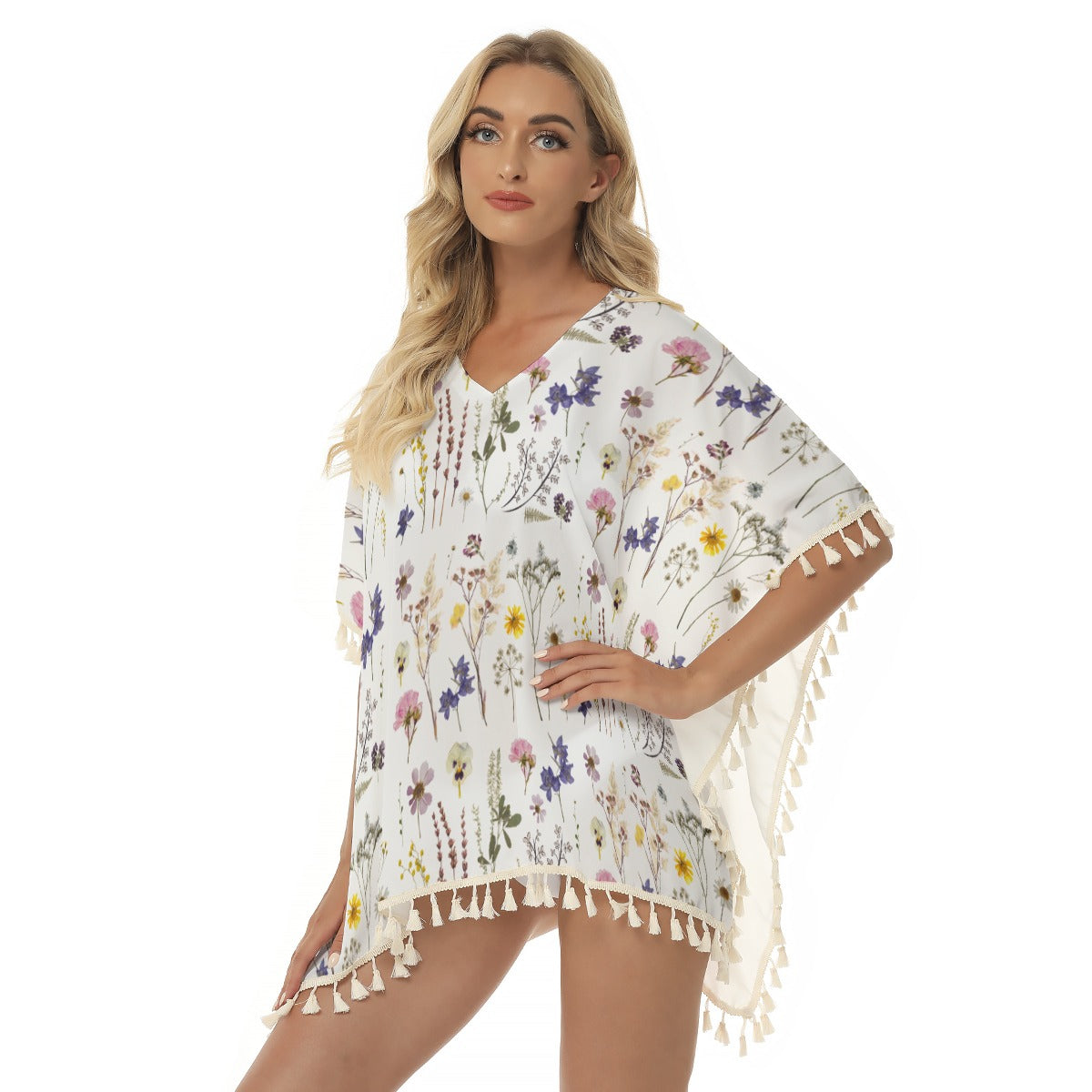 Wildflowers White Square Fringed Shawl up to 2 XL (FWS) 2