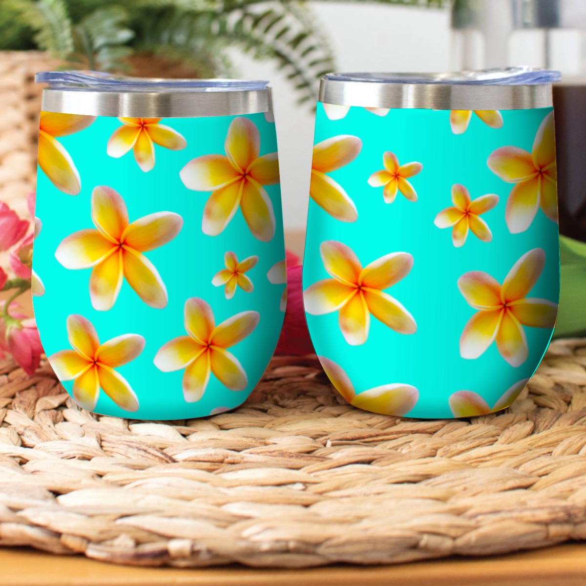 Yellow Frangipanis Aqua Stainless Steel Cup with Lid 1